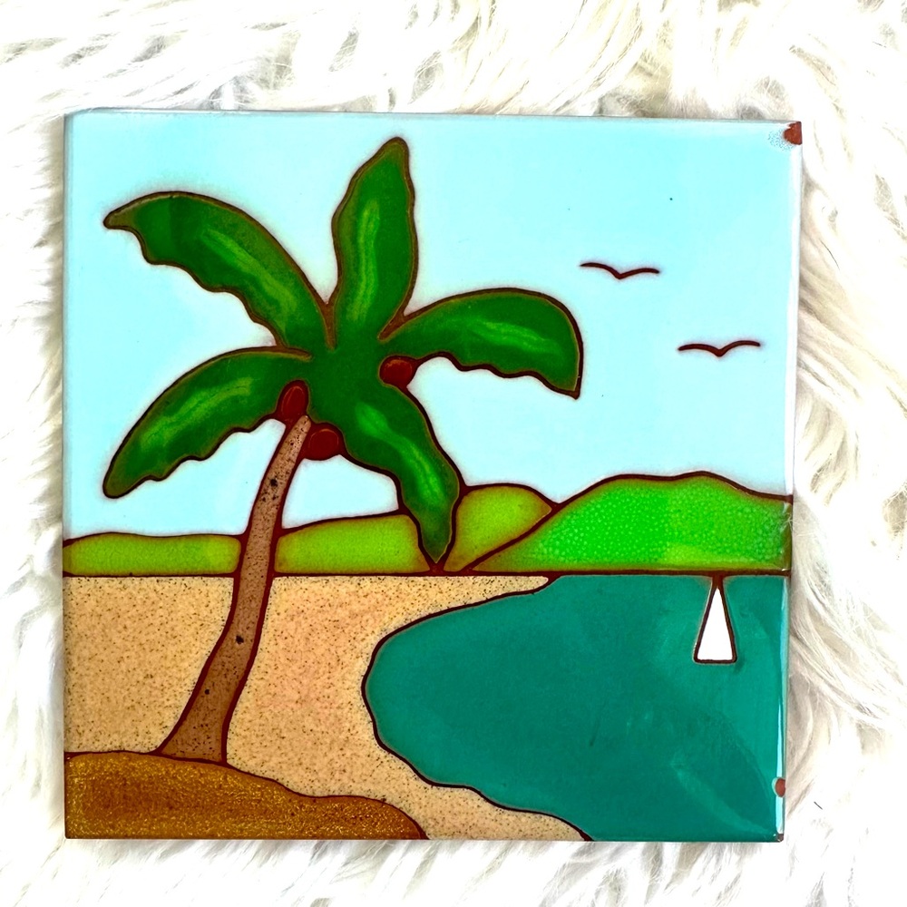 Vintage Besheer Hand Painted Art Tile Trivet Hot Plate Wall Decor Tropical Beach
